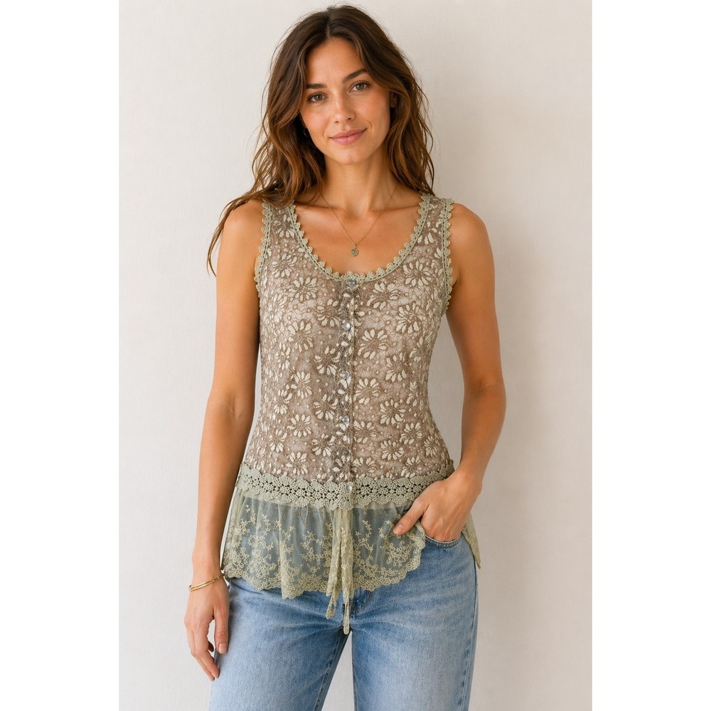 Boho Western Young Essence Lace Tank Ivory Beige M Crochet Sheer  Button Y2K
